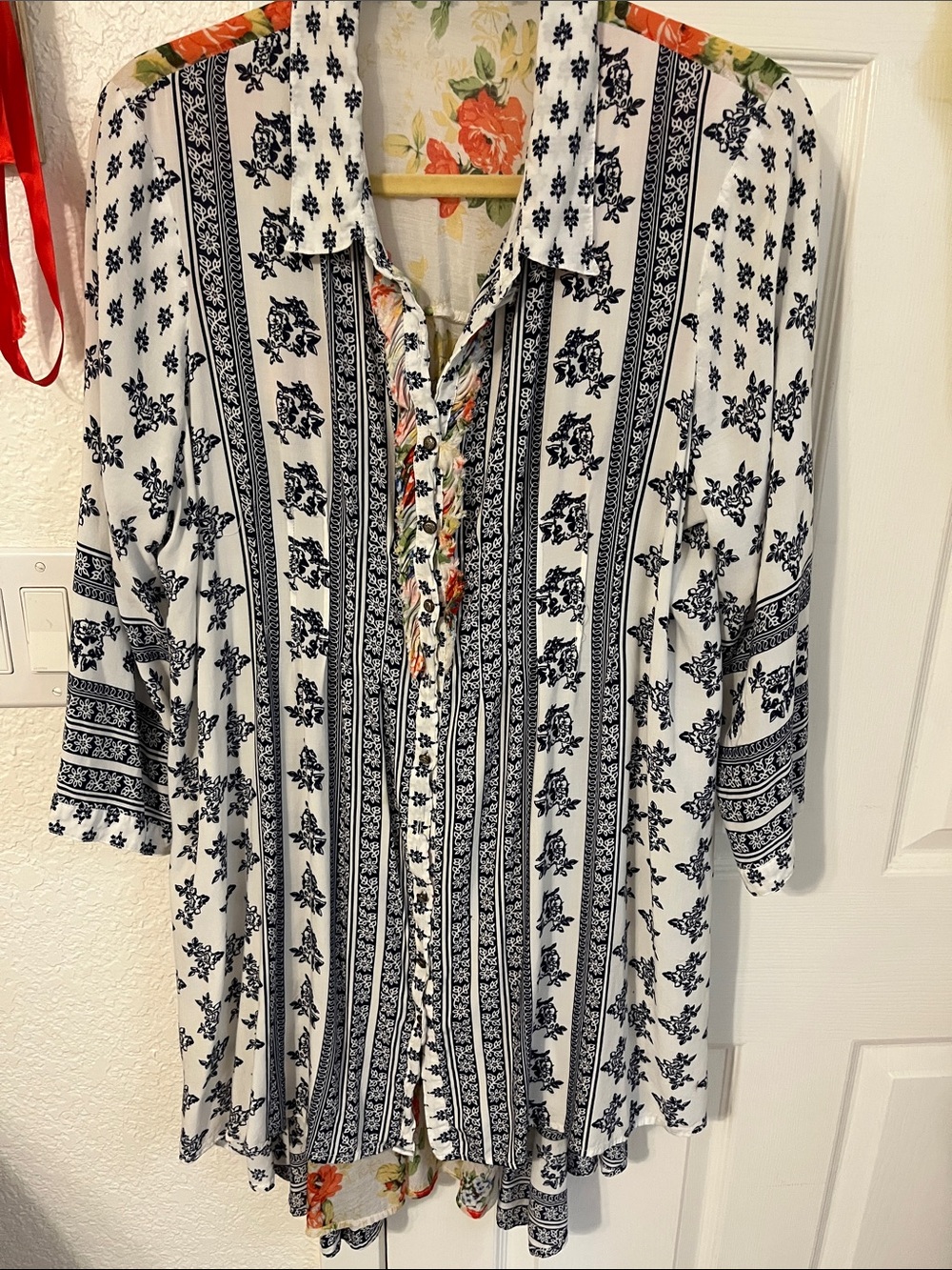 Women's Blue & White Printed Button-Down Shirt